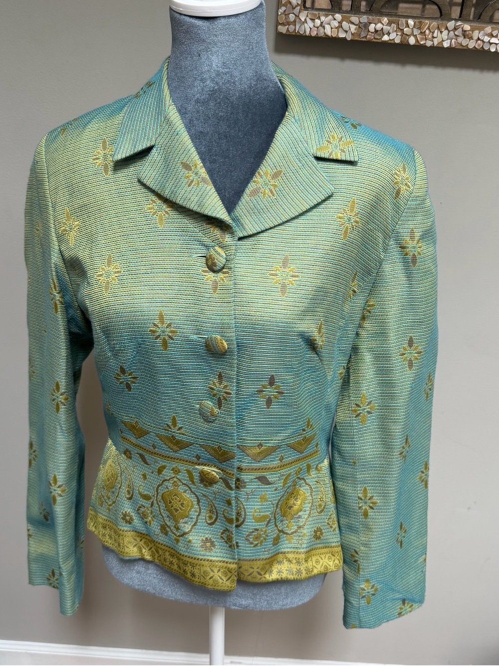 ASTUCES France Vintage 2 Blue Gold Floral Brocade Peplum Jacket blazer tapestry